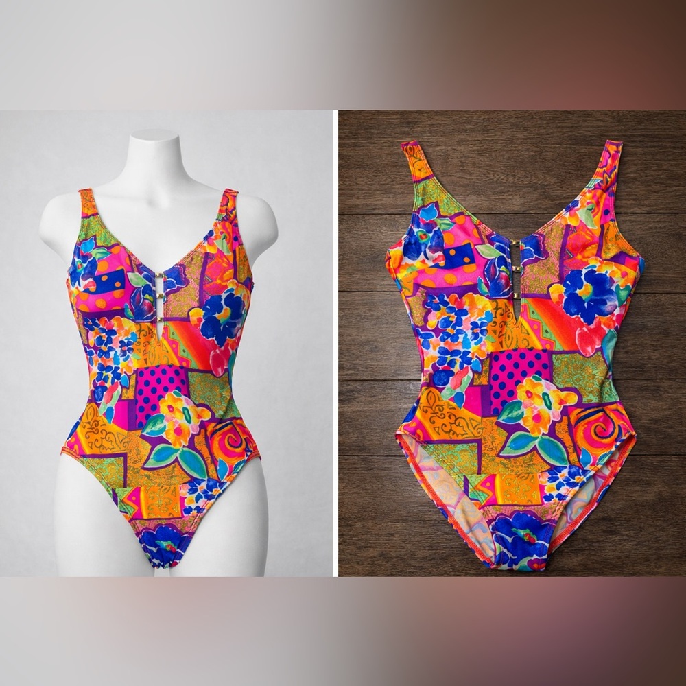 Vintage Westbound Beach One Piece Swimsuit 8 Bright Patchwork 80s 90s High Cut